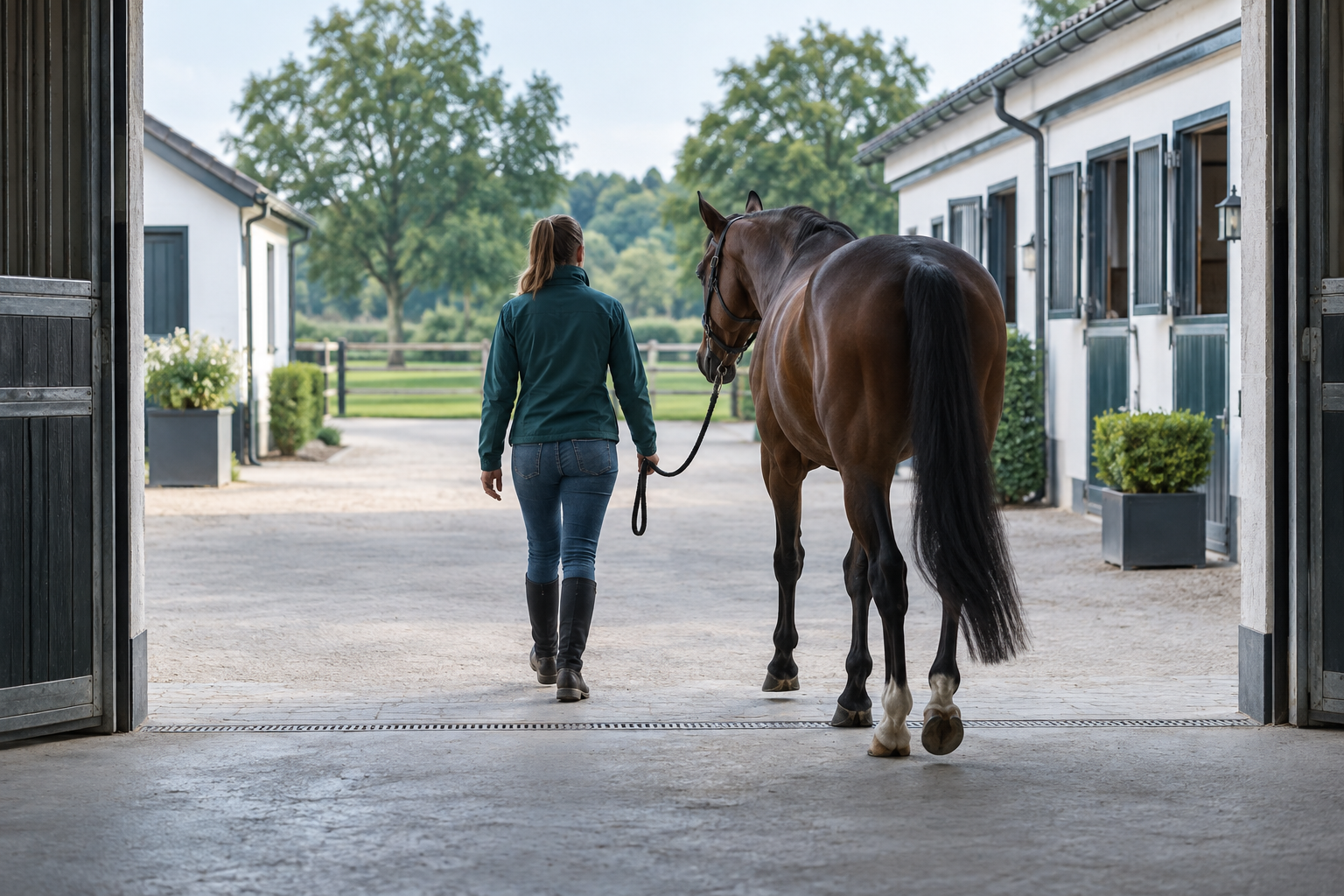 Konzeptbild: Eine Person führt ein Pferd durch einen Stallhof.