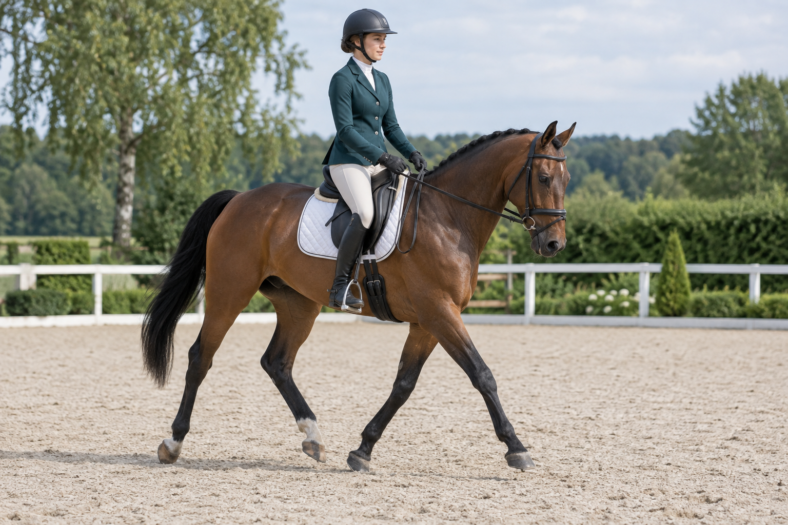 Konzeptbild: Reiterin mit Sportpferd in Bewegung.
